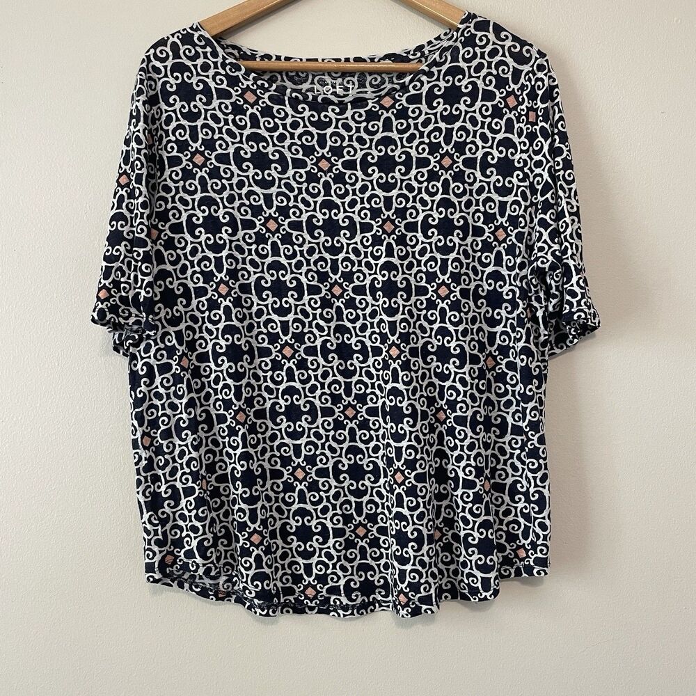 Loft Women’s Linen Top XL Navy Blue Nautical Coastal Beach Short Sleeve